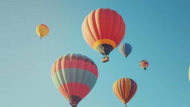 Balones de aire caliente de varios colores flotando en un cielo azul claro