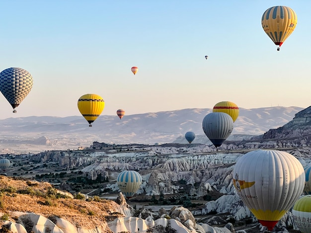 Balones de aire caliente volando en una hermosa vista del paisaje