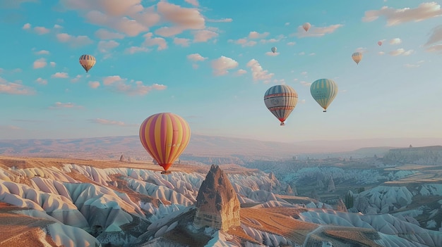 Balones de aire caliente volando sobre las chimeneas de las hadas en el valle
