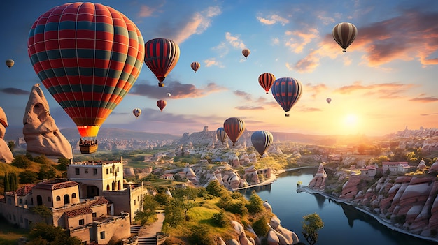 Balones de aire caliente volando sobre la ciudad al atardecer