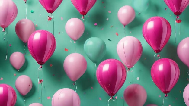Balones de aire de cumpleaños rosados en fondo de menta con maqueta