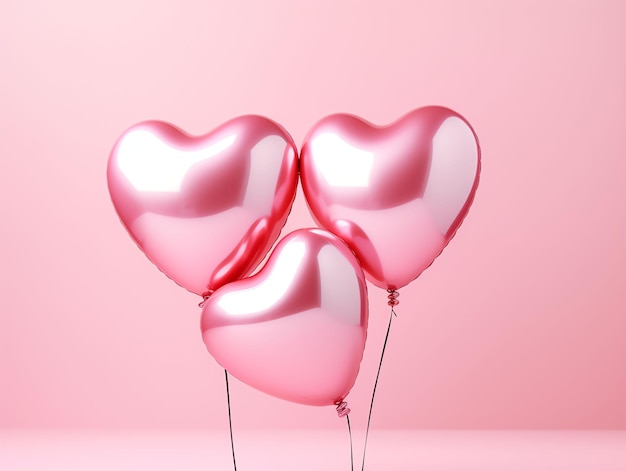 Balones de aire de papel de aluminio en forma de corazón sobre un fondo rosa pastel