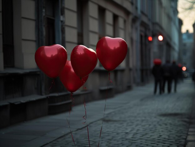 Foto balones de aire rojos volando en cuerdas en el centro de la ciudad concepto de día de san valentín