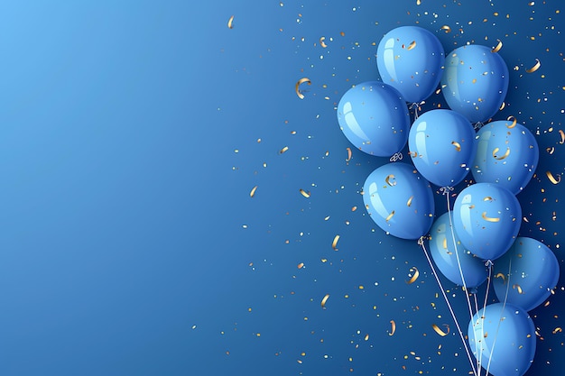 Balones azules y confeti sobre fondo blanco Ilustración vectorial