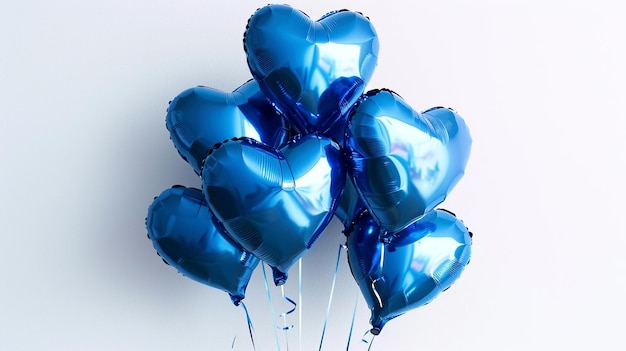 Balones azules en forma de corazón sobre un fondo blanco