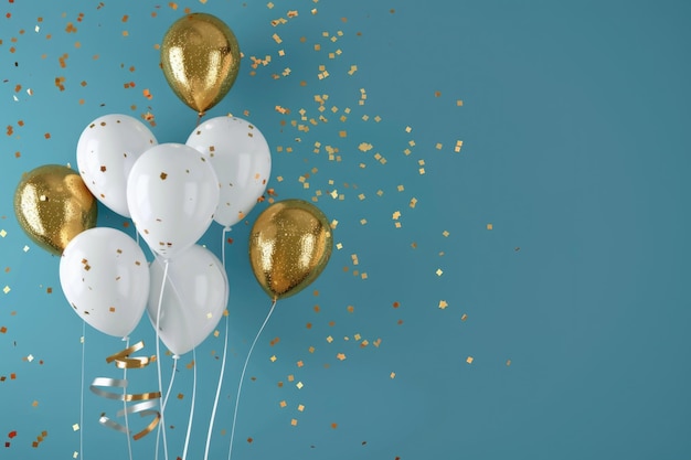 Balones blancos y dorados con confeti