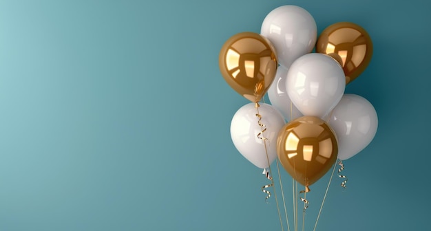 Balones blancos y dorados flotando en el aire