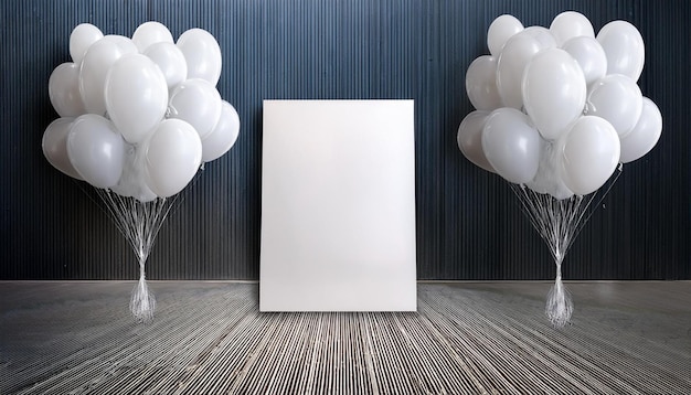 Balones blancos y lienzo en blanco