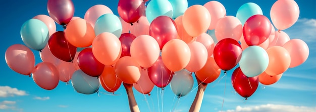 Balones de colores en el cielo azul Bandera festiva con balones en el aire Balones alrededor del Día Mundial