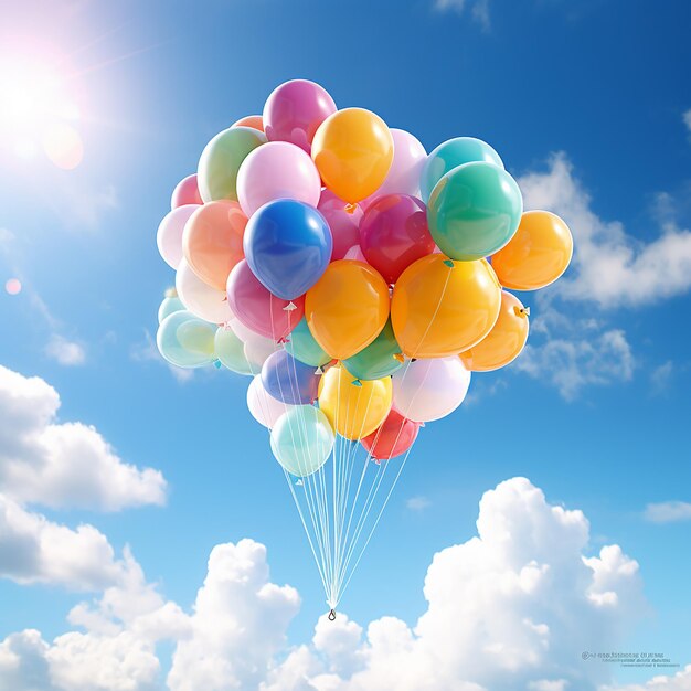 Balones de colores flotando en el cielo azul y las nubes blancas