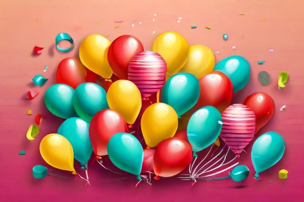 Balones de colores y oropel volando aislados en una ilustración de fondo blanco