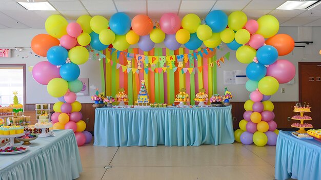 Balones coloridos se arquean sobre una mesa con un mantel azul y un telón de fondo a rayas amarillas y verdes