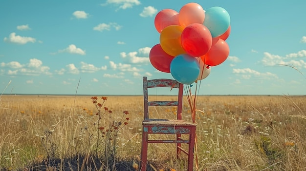 Balones coloridos atados a una silla bajo el cielo azul