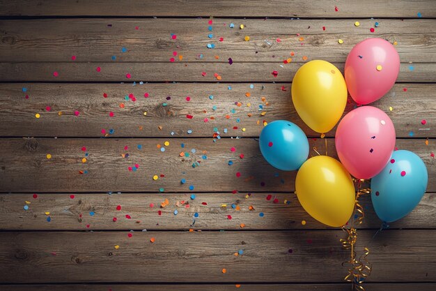 Balones coloridos con confeti sobre un fondo de madera rústico perfectos para celebraciones de cumpleaños