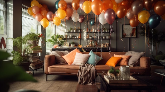 Balones coloridos de la fiesta de cumpleaños en la sala de estar