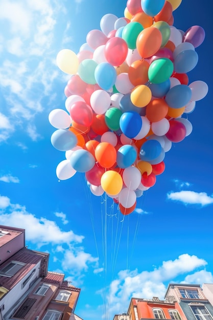 Balones coloridos flotando en un cielo azul claro creados con IA generativa