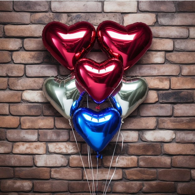 Balones coloridos en un fondo de pared de ladrillo renderizado en 3D