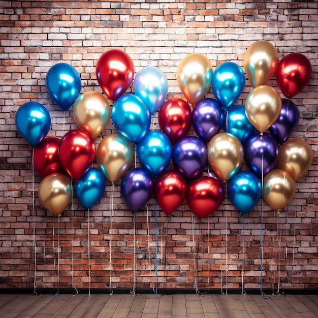 Balones coloridos en un fondo de pared de ladrillo renderizado en 3D