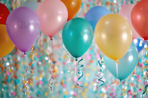 Balones coloridos con rayas y confeti suspendidos en el aire Balones y rayas coloridos decorando una habitación para una celebración Generado por IA
