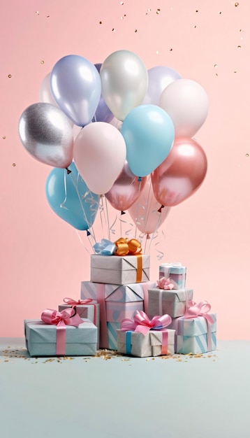 Balones coloridos y regalos con confeti de arco fondo brillante pancarta del Día de San Valentín con espacio para su propio contenido