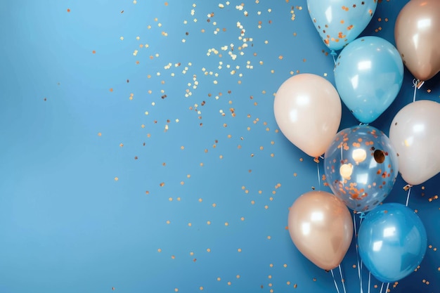 Balones con confeti dorado sobre un fondo azul