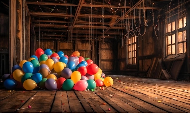 Balones y confeti sobre un fondo de madera