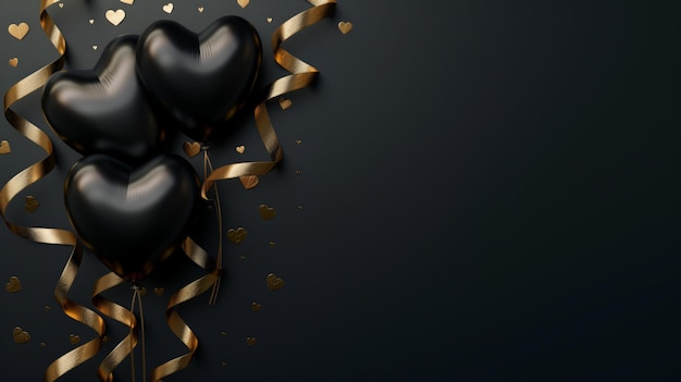 Balones de corazón negro con confeti dorado y cintas sobre un fondo oscuro