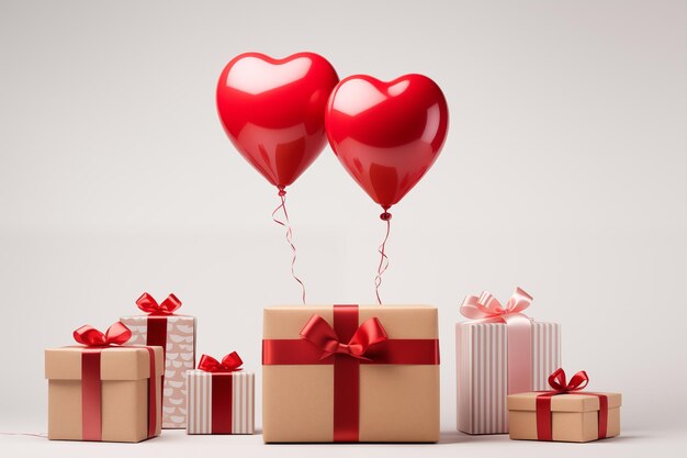 Balones de corazón rojo y cajas de regalos