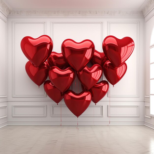 Balones de corazón rojo en una habitación con paredes blancas renderización 3D Ai Generado