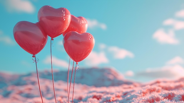 Balones de corazones brillantes contra el cielo en un día de invierno