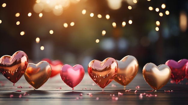 Balones de corazones flotantes con mesa de madera borroso Bokeh de fondo de cumpleaños de San Valentín de fondo