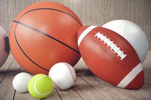 Foto balones deportivos de representación 3d sobre fondo de madera. juego de balones deportivos. equipo deportivo como fútbol, baloncesto, béisbol, tenis, pelota de golf para equipos y juegos individuales para recreación y mejora.