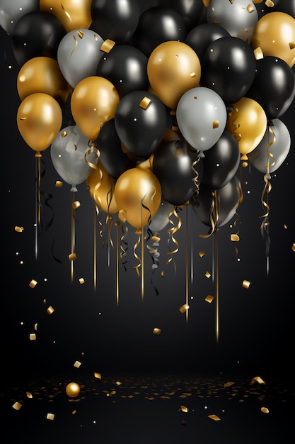 Balones dorados aislados en fondo negro con fragmentos brillantes Celebración o concepto de moda
