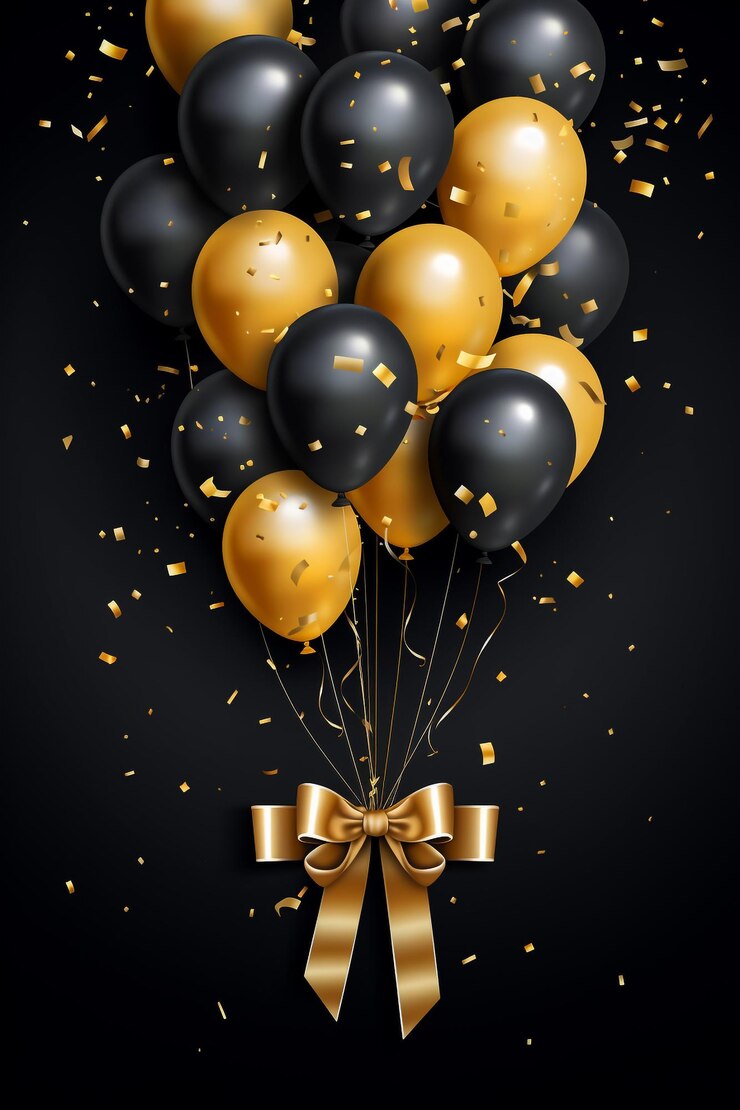Balones dorados aislados en fondo negro con fragmentos brillantes Celebración o concepto de moda