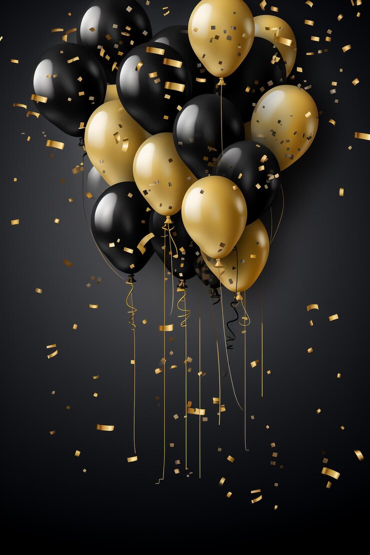 Balones dorados aislados en fondo negro con fragmentos brillantes Celebración o concepto de moda