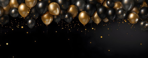 Balones festivos negros y dorados en un tema de celebración de bandera de fondo negro