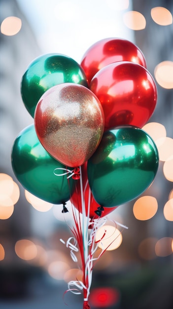 Balones festivos rojos y verdes con Bokeh