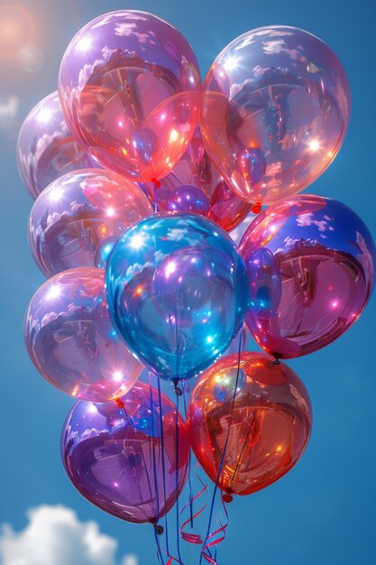 Balones de fiesta irisantes flotando en el cielo despejado