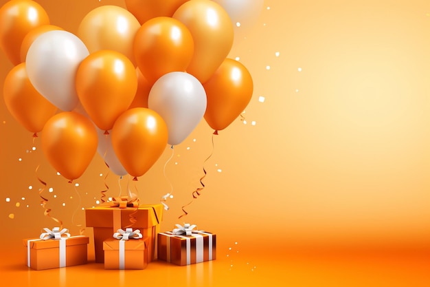 Balones de fiesta de lujo confeti y cajas de regalos en fondo naranja plantilla de fiesta o cumpleaños con