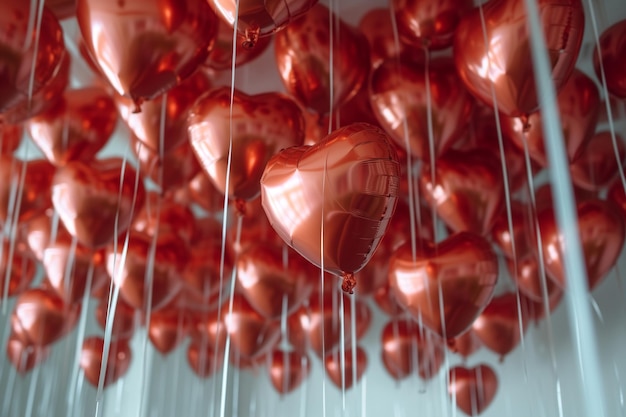 Balones flotantes en forma de corazón bajo una luz suave