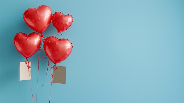 Balones en forma de corazón con notas de amor adjuntas