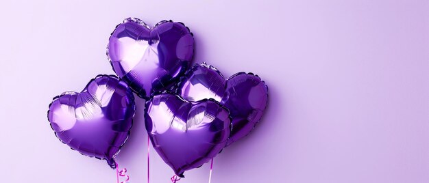 Balones en forma de corazón púrpura sobre un fondo púrpura Tarjeta de cumpleaños Fondo de vacaciones