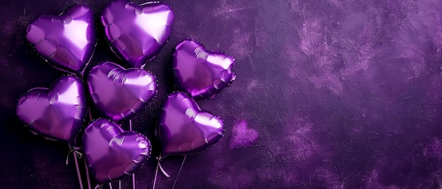 Foto balones en forma de corazón púrpura sobre un fondo púrpura tarjeta de cumpleaños de san valentín feriados