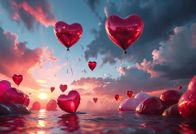 Balones en forma de corazón sobre el agua al atardecer