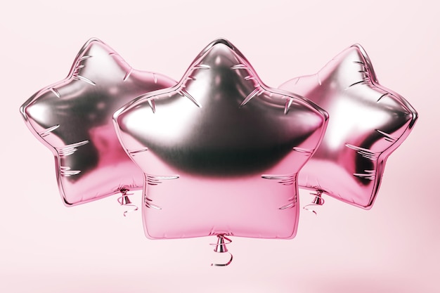Balones en forma de estrella rosada en un fondo rosa claro Renderizado en 3D