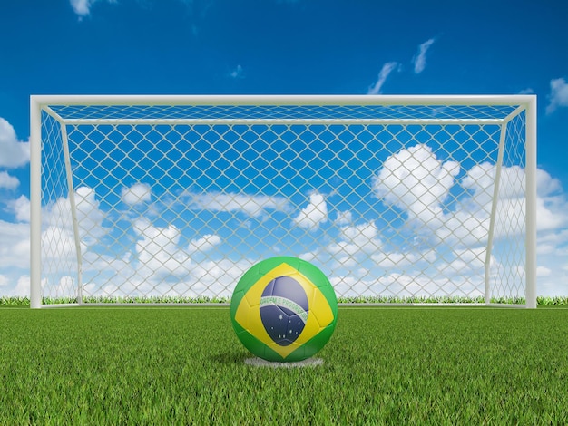 Foto balones de fútbol en colores de banderas de brasil en el campo de fútbol renderizado 3d