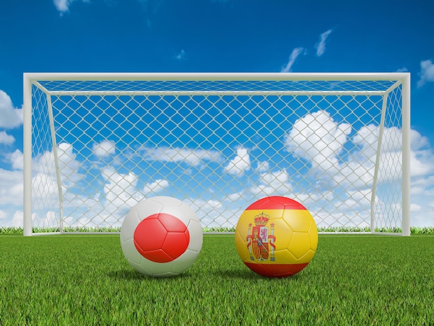 Balones de fútbol en colores de banderas en el campo de fútbol Japón con representación 3d de España