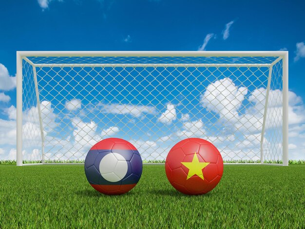 Balones de fútbol en colores de banderas en el campo de fútbol Laos con renderizado 3d de Vietnam