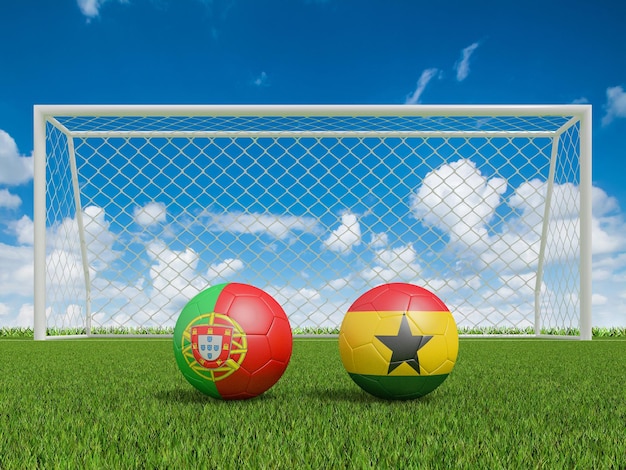 Foto balones de fútbol en colores de banderas en el campo de fútbol portugal con renderizado 3d de ghana