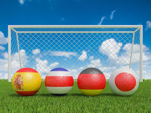Balones de fútbol en colores de banderas en el campo de fútbol representación 3d del grupo E